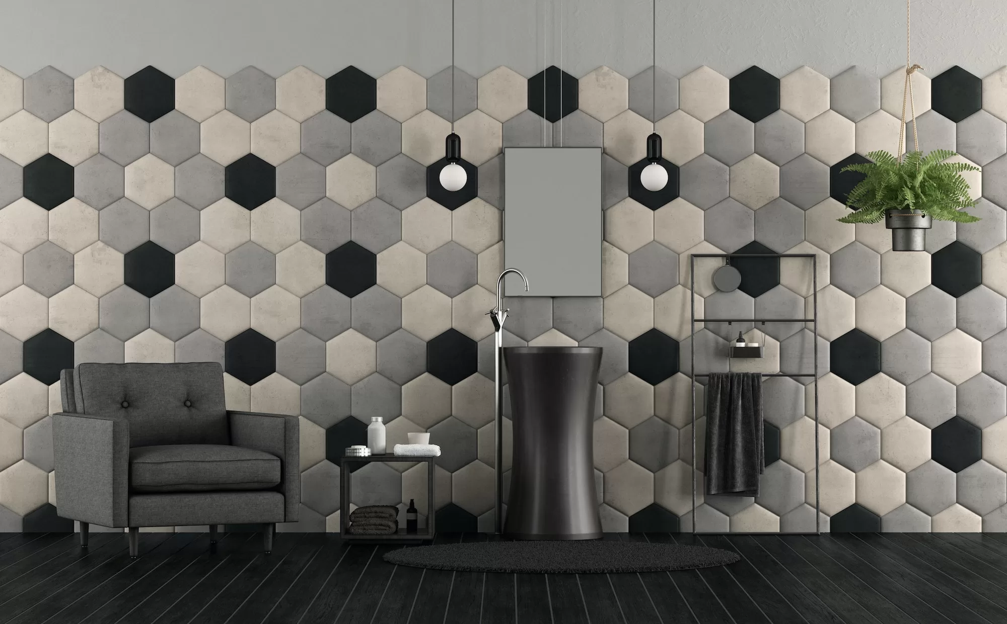 Bathroom with sink and hexagonal tiles